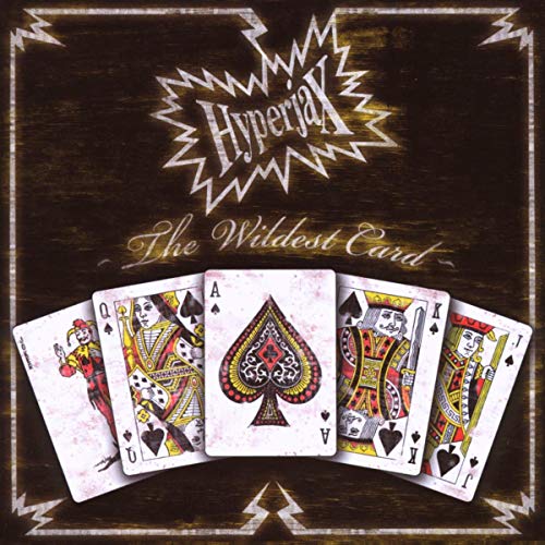 "Album cover with 'Hyperjax' logo, 'The Wildest Card' text, and five playing cards fanned."