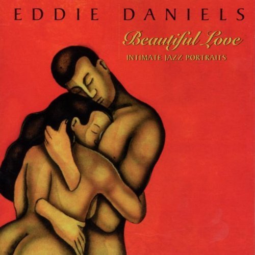 "Album cover with embracing nude couple on red background, titled 'Beautiful Love' by Eddie Daniels."