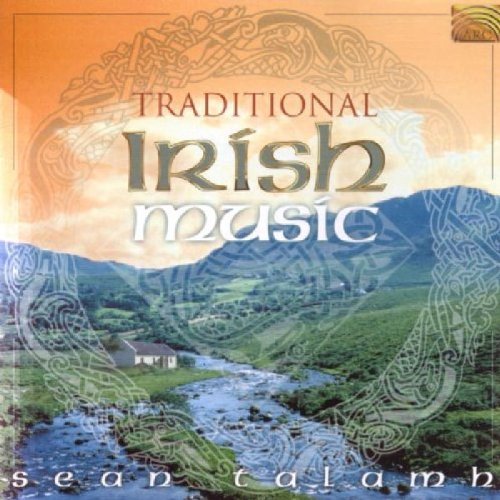 "CD cover with Irish landscape and Celtic designs, titled 'Traditional Irish Music' by Sean Talamh."