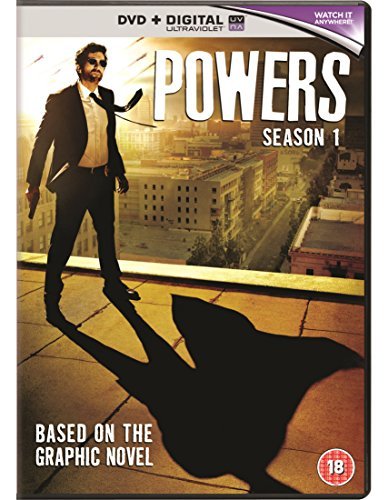 DVD cover for "Powers Season 1" featuring a man in a suit on a rooftop.