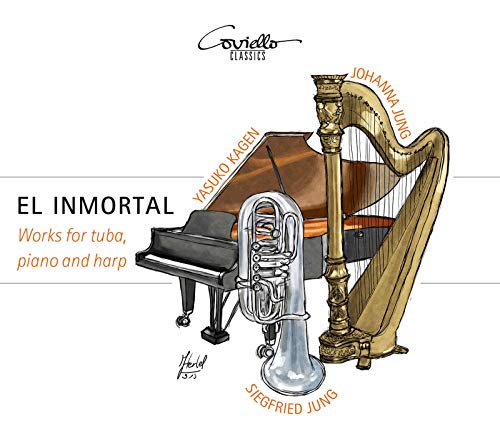 "CD cover featuring a tuba, piano, and harp with artist names."