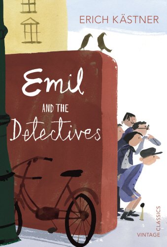"Book cover with red background, illustration of children, bicycle, and building."