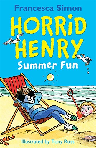 "Book cover with cartoon boy on beach, another boy burying him, and seagulls."