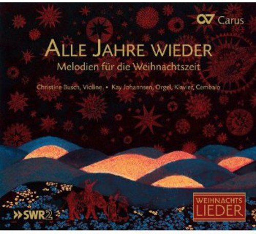 Christmas music CD cover featuring red snowflakes, hills, and silhouetted figures with gold text.