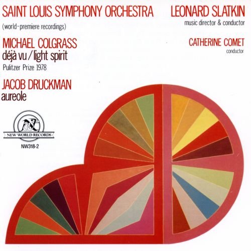 "Album cover with abstract, multicolored, semicircular design and red text on a white background."