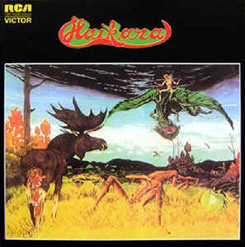 "Album cover art: fantasy scene with moose, dragon, and figures in a grassy landscape."