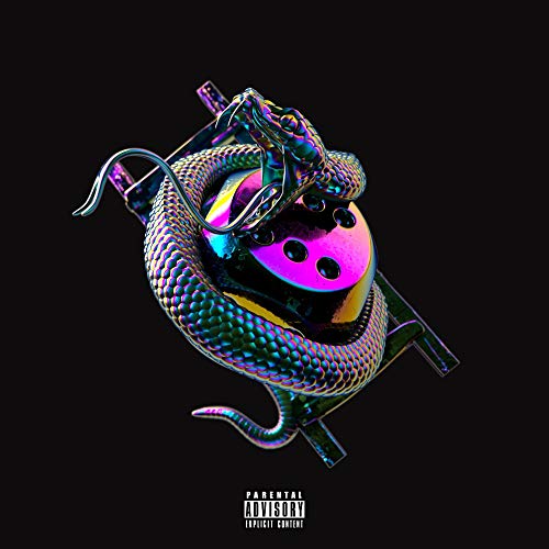 "Album cover featuring a snake wrapped around a mousetrap on a black background."