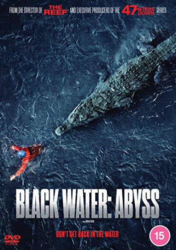 DVD cover for "Black Water: Abyss" showing a person in red being stalked by a crocodile.