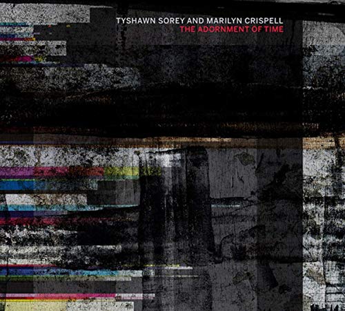 "Album cover with distressed, black-and-white background and multicolored stripes, featuring artist names."