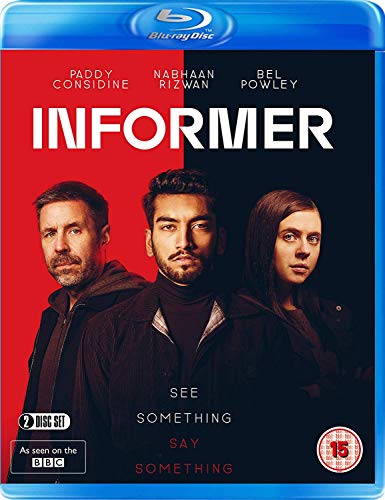 "Blu-ray case for 'Informer' with three actors on red and black background."