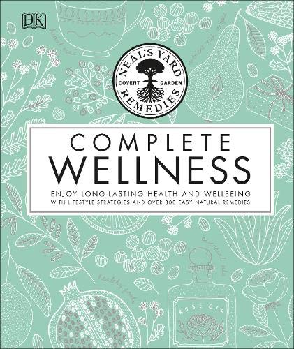 "Book cover with green background, white botanical illustrations, and 'Complete Wellness' title."