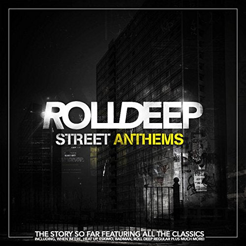"Album cover for 'Roll Deep - Street Anthems' featuring a dark cityscape with bold text."
