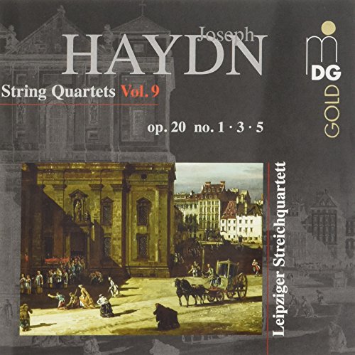 "CD cover with Haydn String Quartets artwork, featuring a 18th-century cityscape scene."