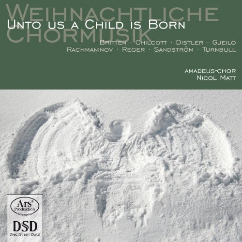 "Christmas CD cover featuring a nativity scene in the snow, green and white design."