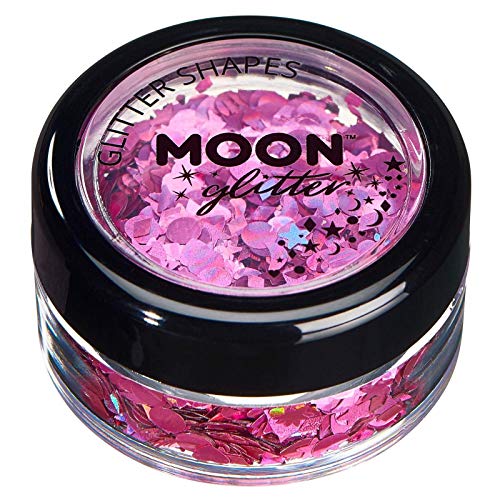 Holographic Glitter Shapes by Moon Glitter - Pink - Cosmetic Festival Makeup Glitter for Face, Body, Nails, Hair, Lips - 3g