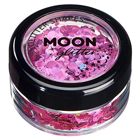 Holographic Glitter Shapes by Moon Glitter - Pink - Cosmetic Festival Makeup Glitter for Face, Body, Nails, Hair, Lips - 3g