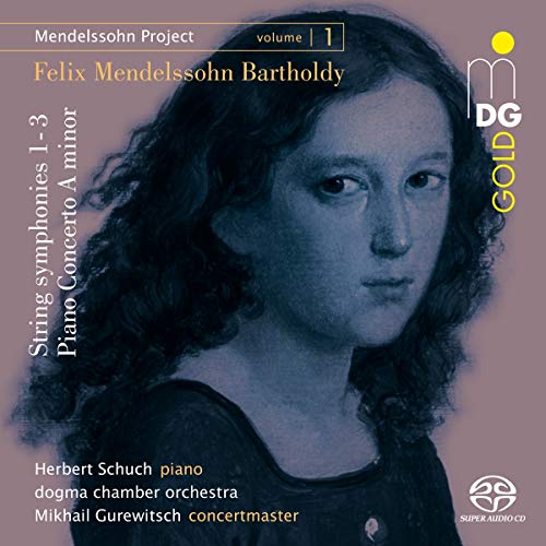 CD cover with a blue-toned portrait of Felix Mendelssohn on mauve background.