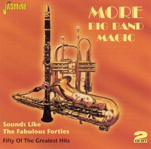 "CD cover with brass instruments on orange background, 'More Big Band Magic' title."
