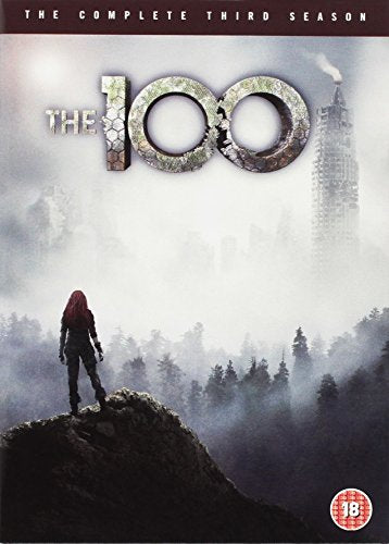 DVD cover for "The 100" Season 3, featuring a woman on a rocky outcrop.