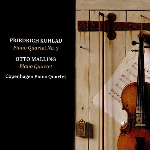 CD cover with violin on wooden door and sheet music, black left panel with white text.