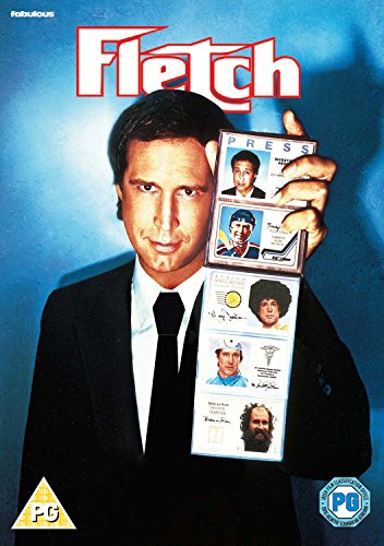 Man in black suit holding multiple ID cards, "Fletch" title above, on blue background.