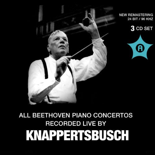 Black background with a conductor and text describing a Beethoven piano concertos CD set.