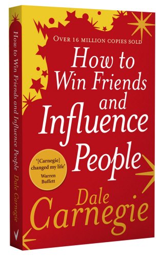 "Red and yellow book cover with white and yellow text, titled 'How to Win Friends and Influence People'."