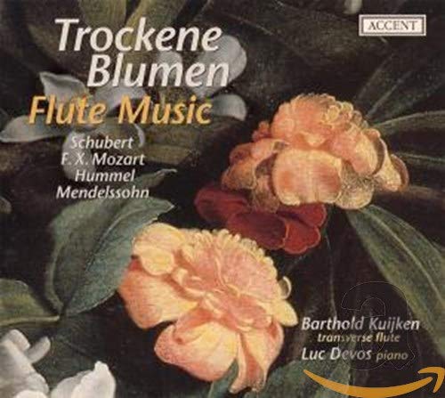 CD cover with floral painting, titled "Trockene Blumen Flute Music" with composer names listed.