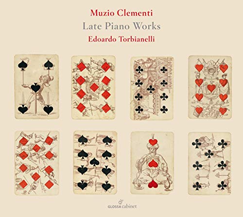 Image shows a CD cover with eight playing cards and text "Muzio Clementi Late Piano Works".