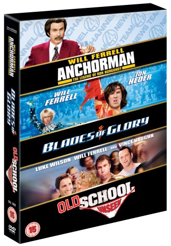 DVD case featuring three Will Ferrell comedies: "Anchorman", "Blades of Glory", and "Old School".