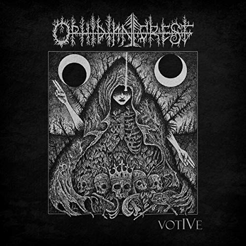 Black album cover with white illustration of hooded figure surrounded by skulls and moons.