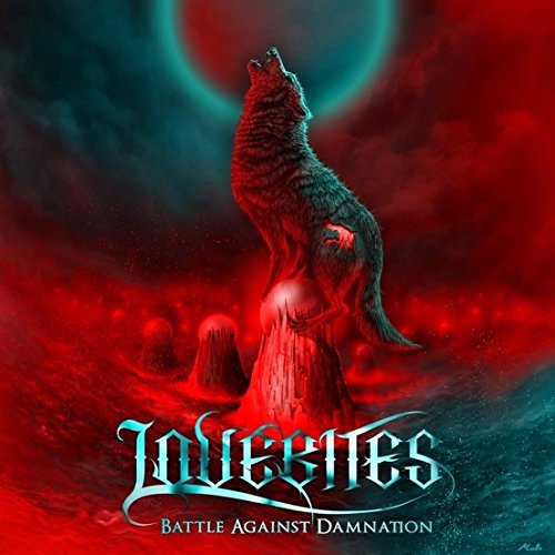 "Album cover art featuring a wolf howling on a tree stump, red and blue hues."