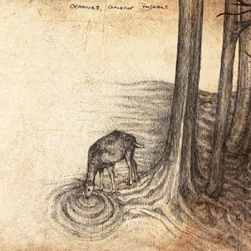 The image shows a sketch of a deer drinking from a pond. Alt text: Sketch of deer drinking from a pond surrounded by trees.
