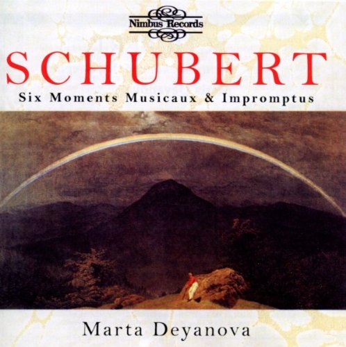 "CD cover with landscape painting, rainbow, and text 'SCHUBERT' and 'Marta Deyanova'."