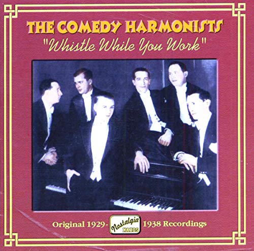 "CD cover with six men in suits around a piano on a red background."