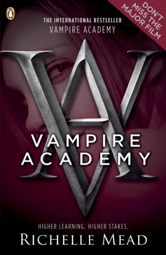"Book cover of 'Vampire Academy' by Richelle Mead, featuring a woman's face and silver 'VA'."