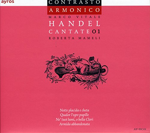 Red CD cover with black illustration and white text, featuring Handel's cantatas.