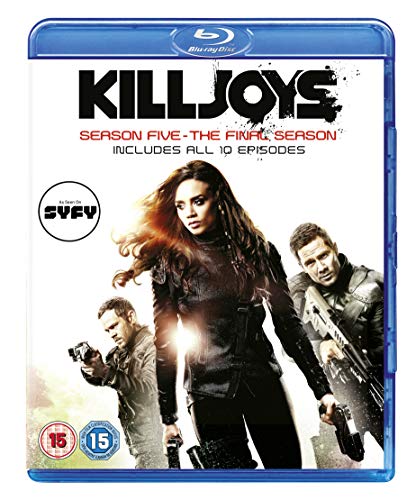 "Blu-ray case for 'Killjoys' Season 5, featuring three characters with guns."
