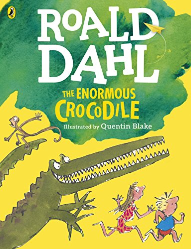 "Children's book cover featuring a large crocodile chasing two children, with Roald Dahl's name."
