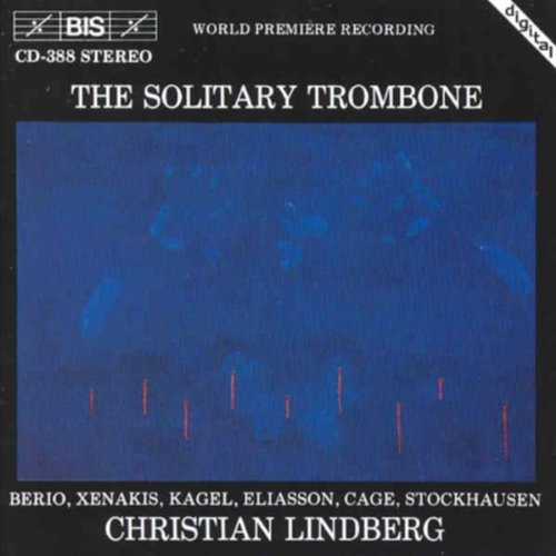 "CD cover with blue background and white text, featuring 'The Solitary Trombone' title."