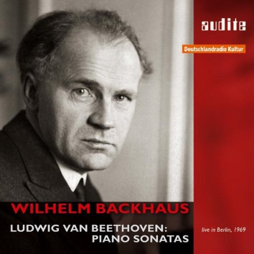 CD cover featuring a black and white portrait of Wilhelm Backhaus against a red background.