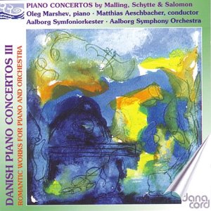 CD cover with abstract blue, green, and yellow artwork, featuring text about piano concertos.