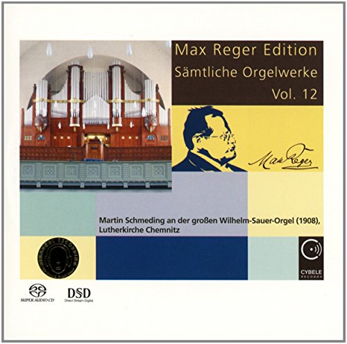 CD cover with organ image, Max Reger's portrait, and colorful geometric design elements.