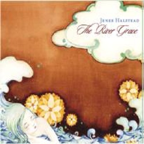 "Album cover art featuring a woman floating on water surrounded by flowers and clouds."