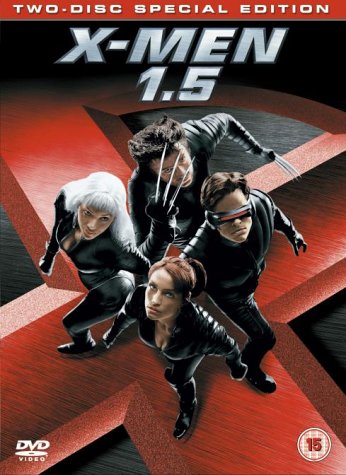 "X-Men 1.5 DVD cover featuring four characters in black on a red 'X' background."