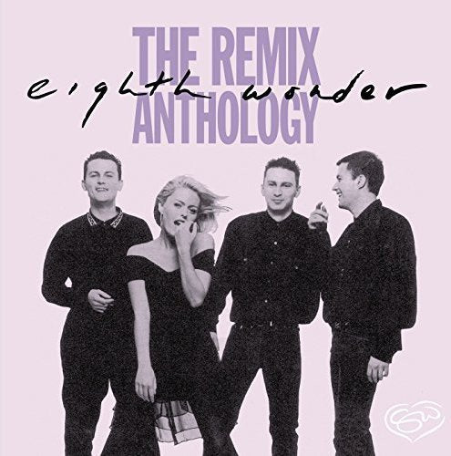 "CD cover with four band members in black against a pink background."