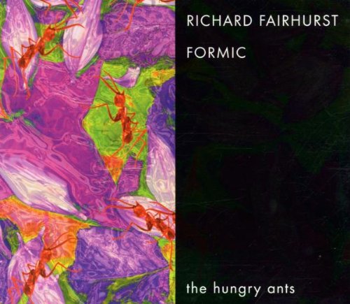 Album cover with abstract, colorful design on left and black background with white text on right.