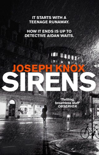 "Book cover of 'Sirens' by Joseph Knox, featuring a man standing at a red door."