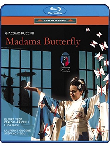 "Blu-ray cover of 'Madama Butterfly' featuring a woman in a kimono releasing paper butterflies."