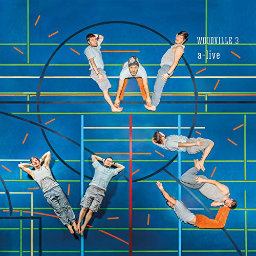 "Album cover featuring seven men in various poses on a blue grid background."